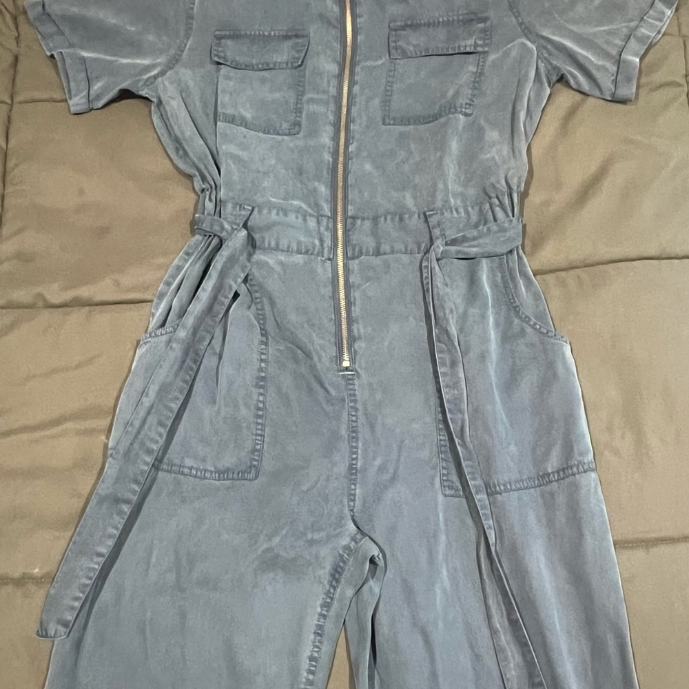 Velvet Heart Utility Jumpsuit Blue Zip Front Belted Short Sleeve Size M